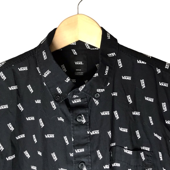 Vans Button Down Shirt Black White Spellout Short Sleeve Cotton Men’s Medium - Picture 3 of 10